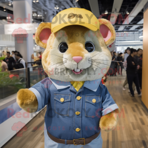 Gold Hamster mascot costume character dressed with a Chambray Shirt and Berets