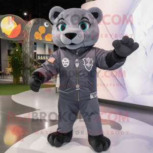 Gray Panther mascot costume character dressed with a Bomber Jacket and Keychains