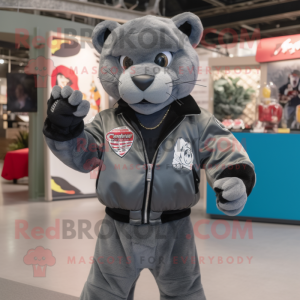 Gray Panther mascot costume character dressed with a Bomber Jacket and Keychains
