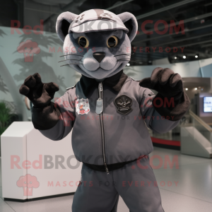 Gray Panther mascot costume character dressed with a Bomber Jacket and Keychains