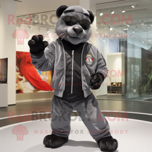 Gray Panther mascot costume character dressed with a Bomber Jacket and Keychains