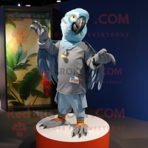 Gray Macaw mascot costume character dressed with a Bootcut Jeans and Lapel pins