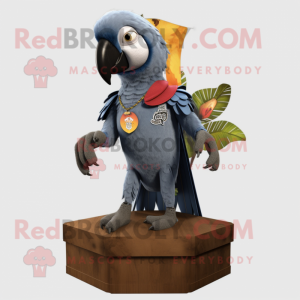 Gray Macaw mascot costume character dressed with a Bootcut Jeans and Lapel pins