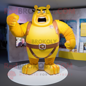 Yellow Strongman mascot costume character dressed with a A-Line Skirt and Rings