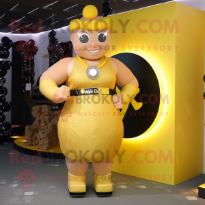 Yellow Strongman mascot costume character dressed with a A-Line Skirt and Rings
