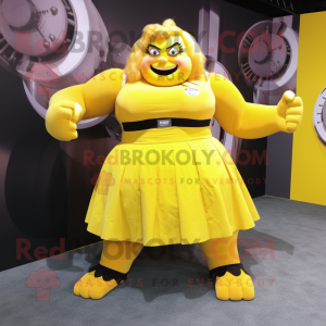 Yellow Strongman mascot costume character dressed with a A-Line Skirt and Rings