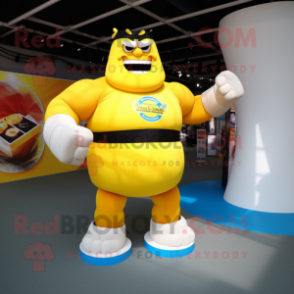 Yellow Strongman mascot costume character dressed with a A-Line Skirt and Rings