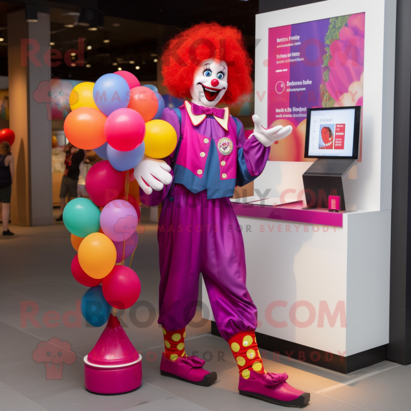 Magenta Clown mascot costume character dressed with a Romper and Wallets Magenta Clown mascot costume character dressed with a Romper and Wallets