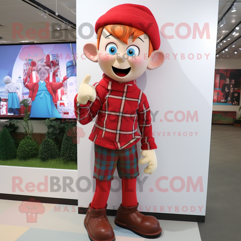 Red Elf mascot costume character dressed with a Flannel Shirt and Bracelets Red Elf mascot costume character dressed with a Flannel Shirt and Bracelets
