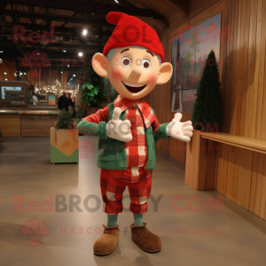 Red Elf mascot costume character dressed with a Flannel Shirt and Bracelets