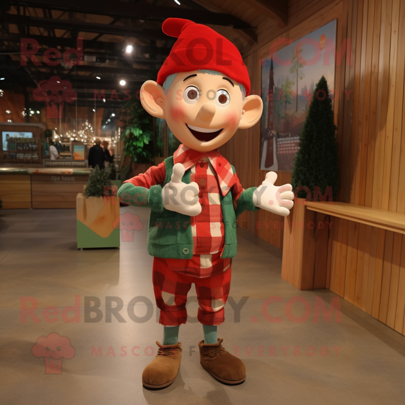 Red Elf mascot costume character dressed with a Flannel Shirt and Bracelets