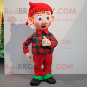 Red Elf mascot costume character dressed with a Flannel Shirt and Bracelets