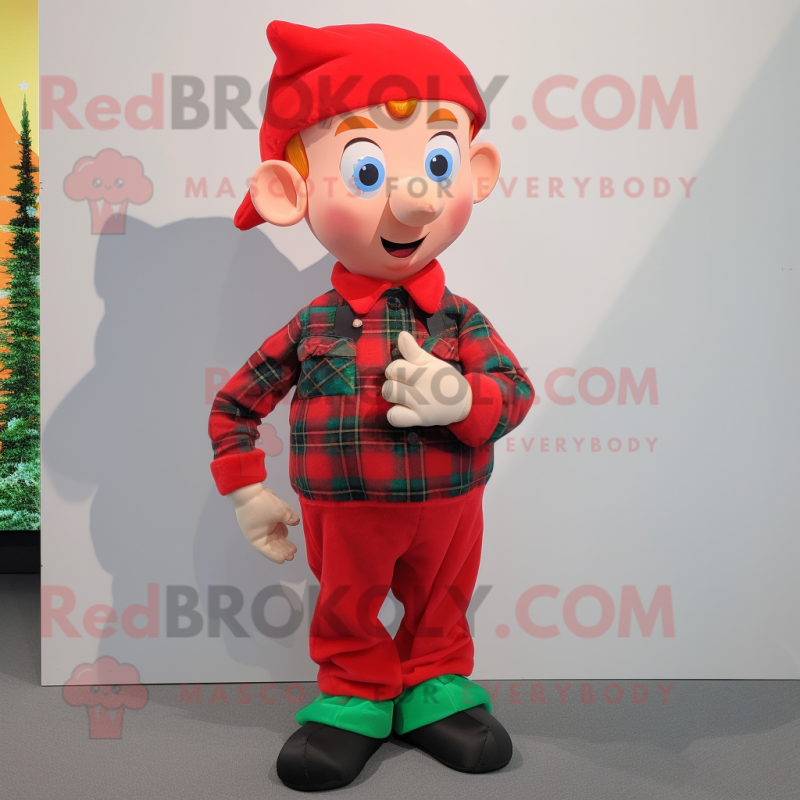 Red Elf mascot costume character dressed with a Flannel Shirt and Bracelets Red Elf mascot costume character dressed with a Flannel Shirt and Bracelets