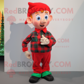 Red Elf mascot costume character dressed with a Flannel Shirt and Bracelets