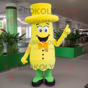 Yellow Celery mascot costume character dressed with a Dress Shirt and Hat pins