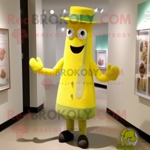 Yellow Celery mascot costume character dressed with a Dress Shirt and Hat pins