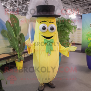 Yellow Celery mascot costume character dressed with a Dress Shirt and Hat pins