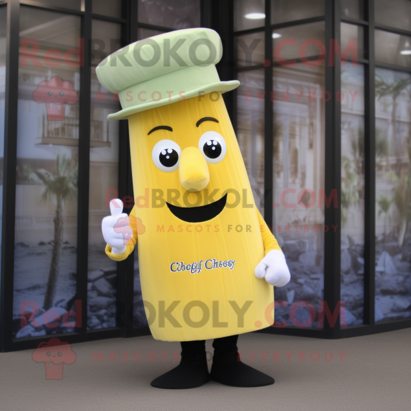 Yellow Celery mascot costume character dressed with a Dress Shirt and Hat pins Yellow Celery mascot costume character dressed with a Dress Shirt and Hat pins