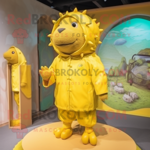 Yellow Glyptodon mascot costume character dressed with a Raincoat and Brooches