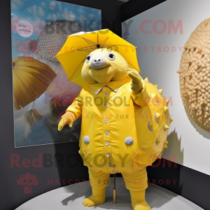 Yellow Glyptodon mascot costume character dressed with a Raincoat and Brooches