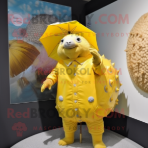 Yellow Glyptodon mascot costume character dressed with a Raincoat and Brooches