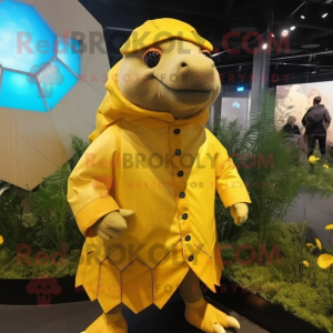 Yellow Glyptodon mascot costume character dressed with a Raincoat and Brooches