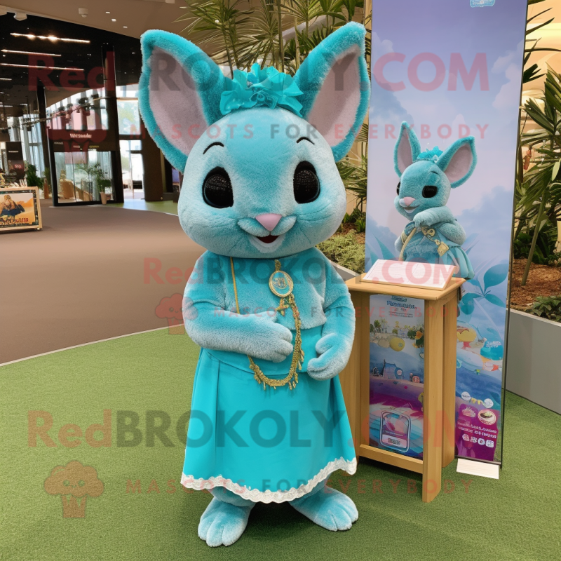 Turquoise Chinchilla mascot costume character dressed with a Mini Dress and Coin purses