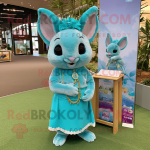 Turquoise Chinchilla mascot costume character dressed with a Mini Dress and Coin purses