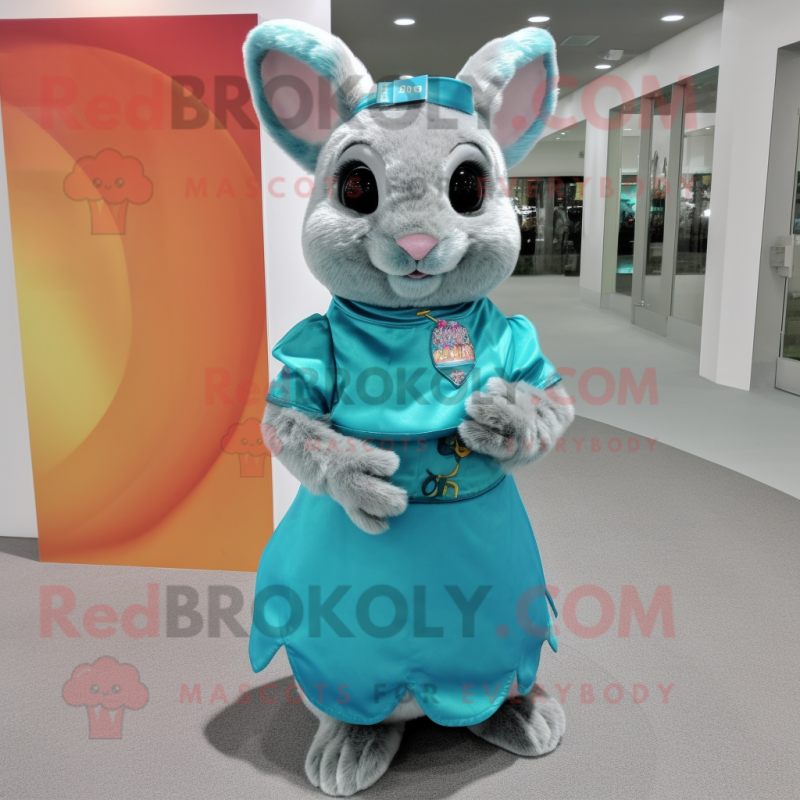 Turquoise Chinchilla mascot costume character dressed with a Mini Dress and Coin purses