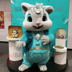 Turquoise Chinchilla mascot costume character dressed with a Mini Dress and Coin purses