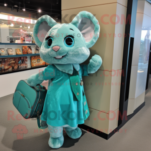 Turquoise Chinchilla mascot costume character dressed with a Mini Dress and Coin purses