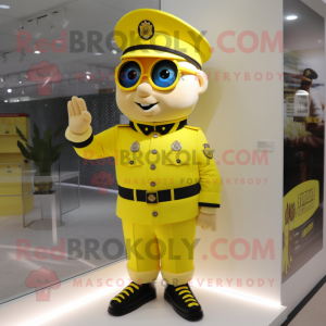 Lemon Yellow Police Officer mascot costume character dressed with a Coat and Bracelets