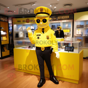 Lemon Yellow Police Officer mascot costume character dressed with a Coat and Bracelets
