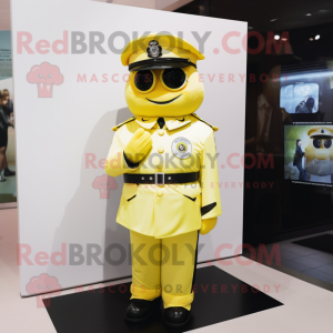 Lemon Yellow Police Officer mascot costume character dressed with a Coat and Bracelets