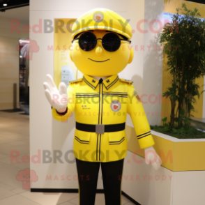 Lemon Yellow Police Officer mascot costume character dressed with a Coat and Bracelets