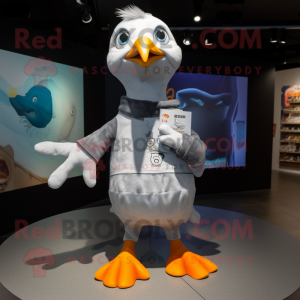 Gray Seagull mascot costume character dressed with a Bootcut Jeans and Mittens