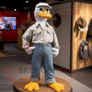 Gray Seagull mascot costume character dressed with a Bootcut Jeans and Mittens