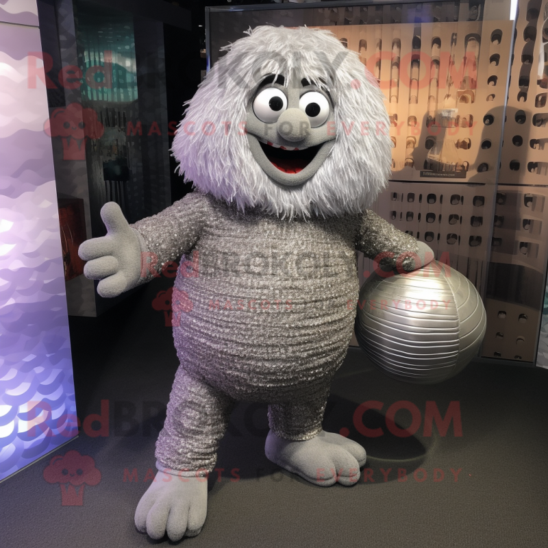 Silver Meatballs mascot costume character dressed with a Cardigan and Clutch bags