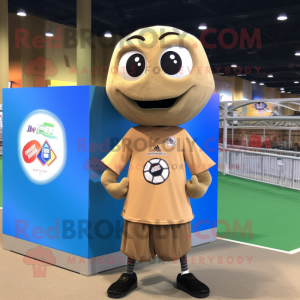 Tan Soccer Ball mascot costume character dressed with a Board Shorts and Brooches