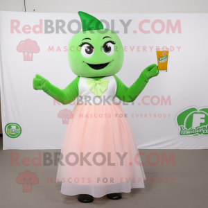Peach Green Beer mascot costume character dressed with a Wedding Dress and Shoe clips