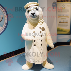 Cream Seal mascot costume character dressed with a Dress and Hat pins