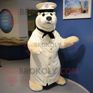 Cream Seal mascot costume character dressed with a Dress and Hat pins