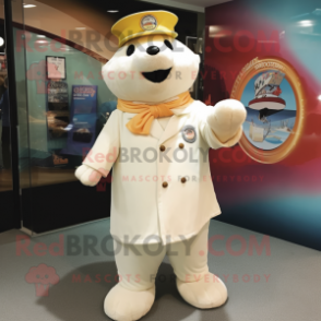 Cream Seal mascot costume character dressed with a Dress and Hat pins