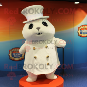 Cream Seal mascot costume character dressed with a Dress and Hat pins