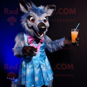 Blue Hyena mascot costume character dressed with a Cocktail Dress and Bow ties