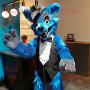 Blue Hyena mascot costume character dressed with a Cocktail Dress and Bow ties