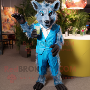 Blue Hyena mascot costume character dressed with a Cocktail Dress and Bow ties