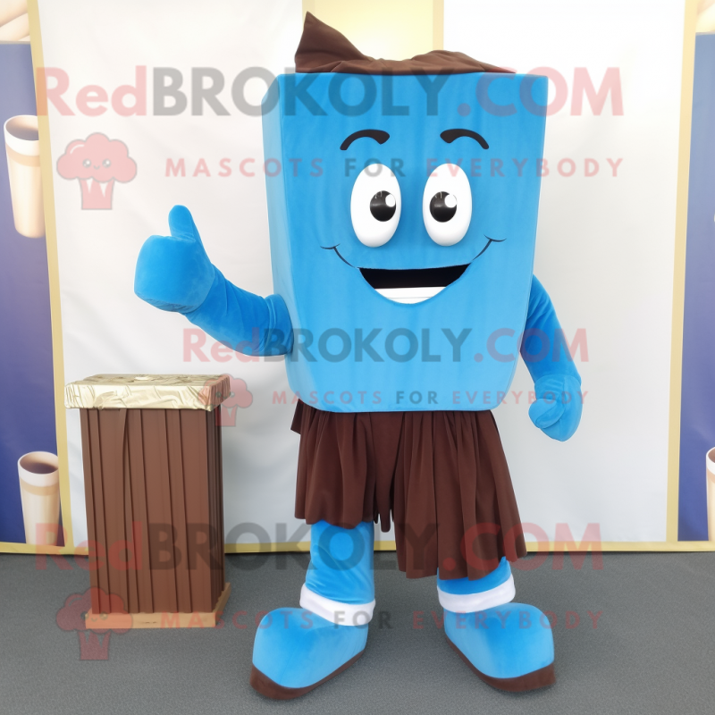 Sky Blue Chocolate Bars mascot costume character dressed with a Corduroy Pants and Shoe clips