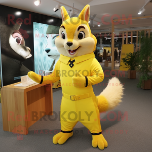 Lemon Yellow Squirrel mascot costume character dressed with a Culottes and Cufflinks