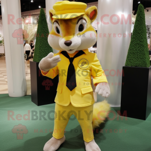 Lemon Yellow Squirrel mascot costume character dressed with a Culottes and Cufflinks